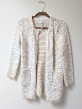 Fluffy White Sweater Jacket With Pockets